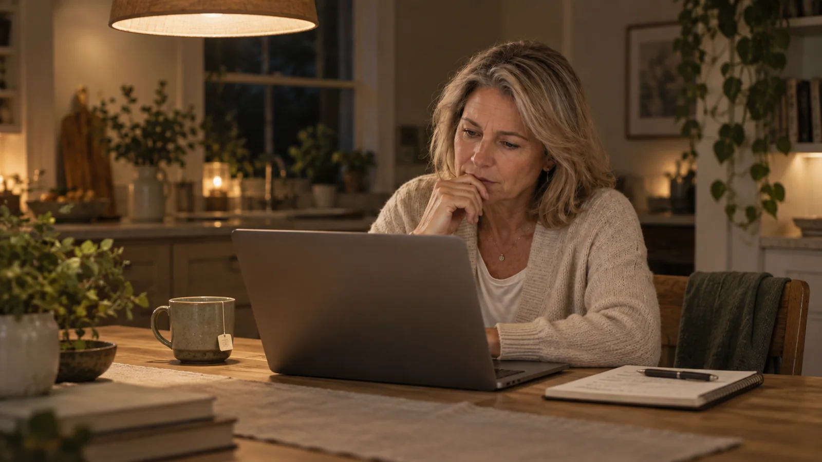 A mother at her kitchen table late at night, searching for addiction treatment options on a laptop