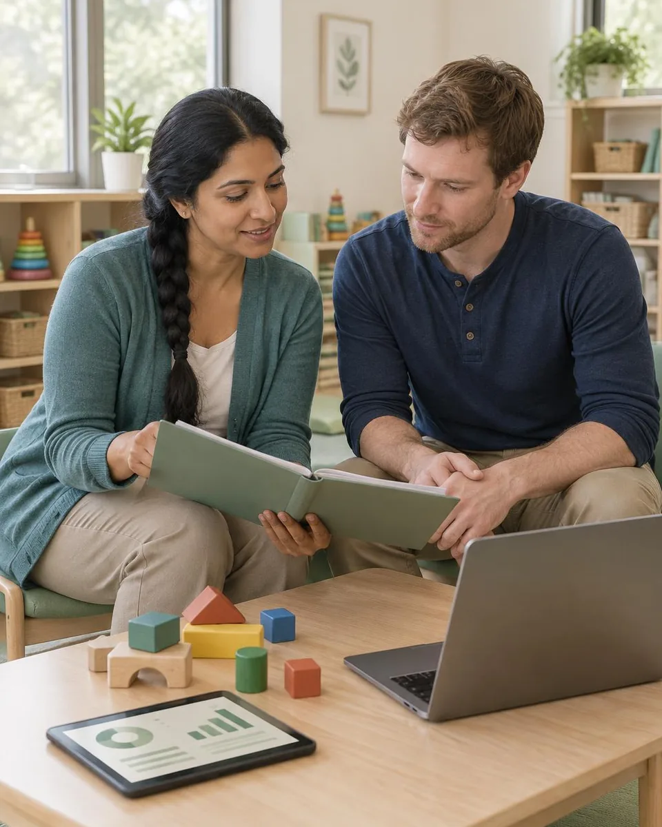 Parents reading an ABA program’s welcome guide beside a child’s play blocks, the family an ABA marketing agency helps a clinic reach