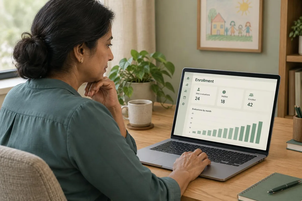 Enrollment reporting dashboard on a laptop showing calls, forms, admits, and cost per admit