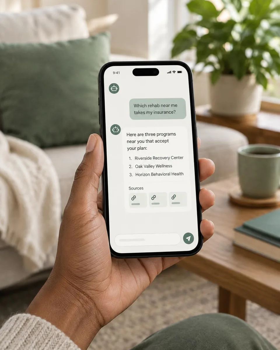 A parent asking an AI assistant how to find a good treatment center, the query behavioral health AI marketing answers