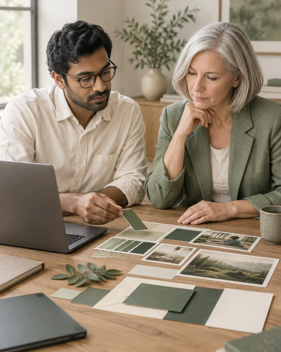 A brand designer and a treatment center founder choosing colors and photography for a behavioral health brand
