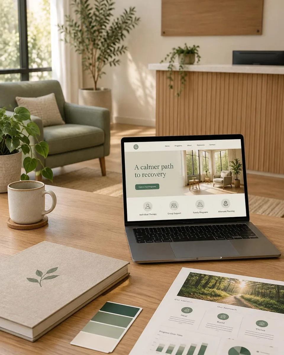 A calm, sunlit reception with brand swatches and a new site on a laptop, the feeling behavioral health branding marketing should convey
