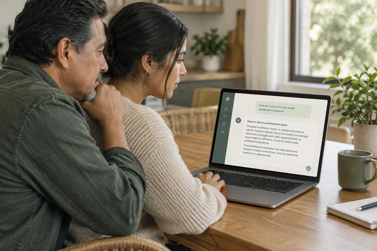 Family researching treatment options together with an AI assistant on a laptop