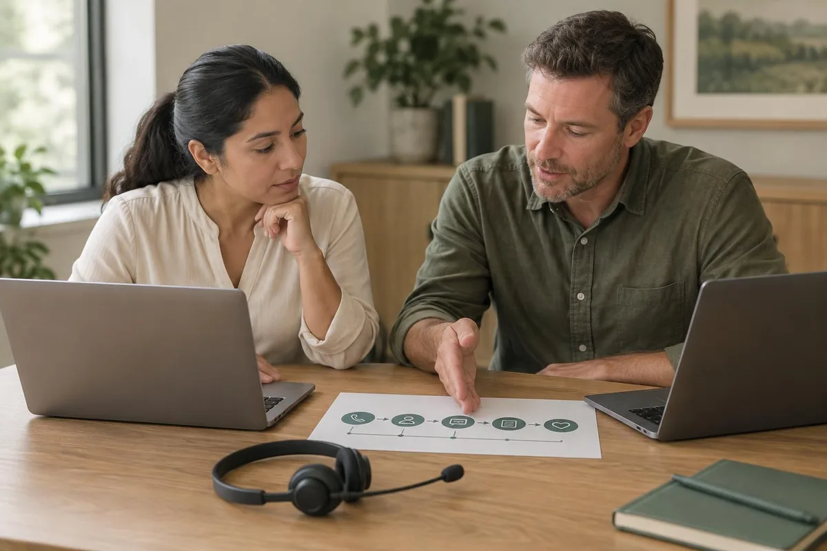 A conversion specialist reviewing an intake call flow with an admissions lead, the work of a fractional CRO