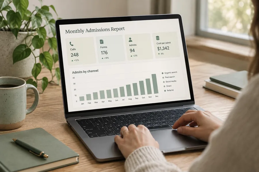 An admissions dashboard showing calls, forms, admits, and cost per admit