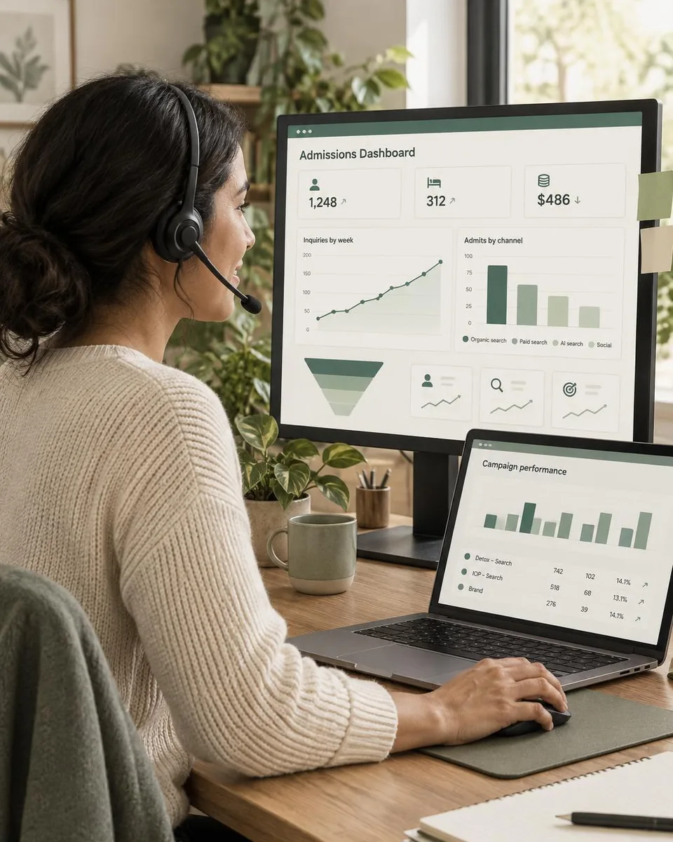 A behavioral health marketing agency strategist reviewing inquiry and admissions data at her desk