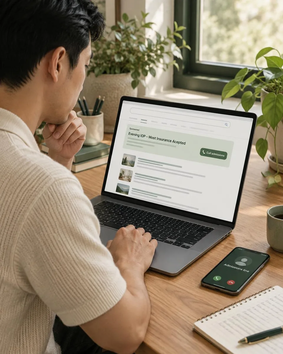 A man calling a treatment program from the search results on his laptop, the click behavioral health PPC marketing pays for