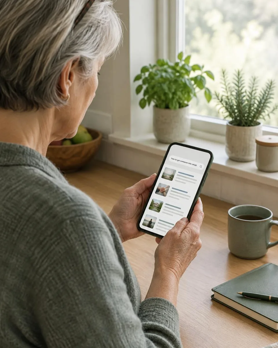 Family member searching on a phone for how to get someone into rehab, the moment behavioral health SEO marketing has to win