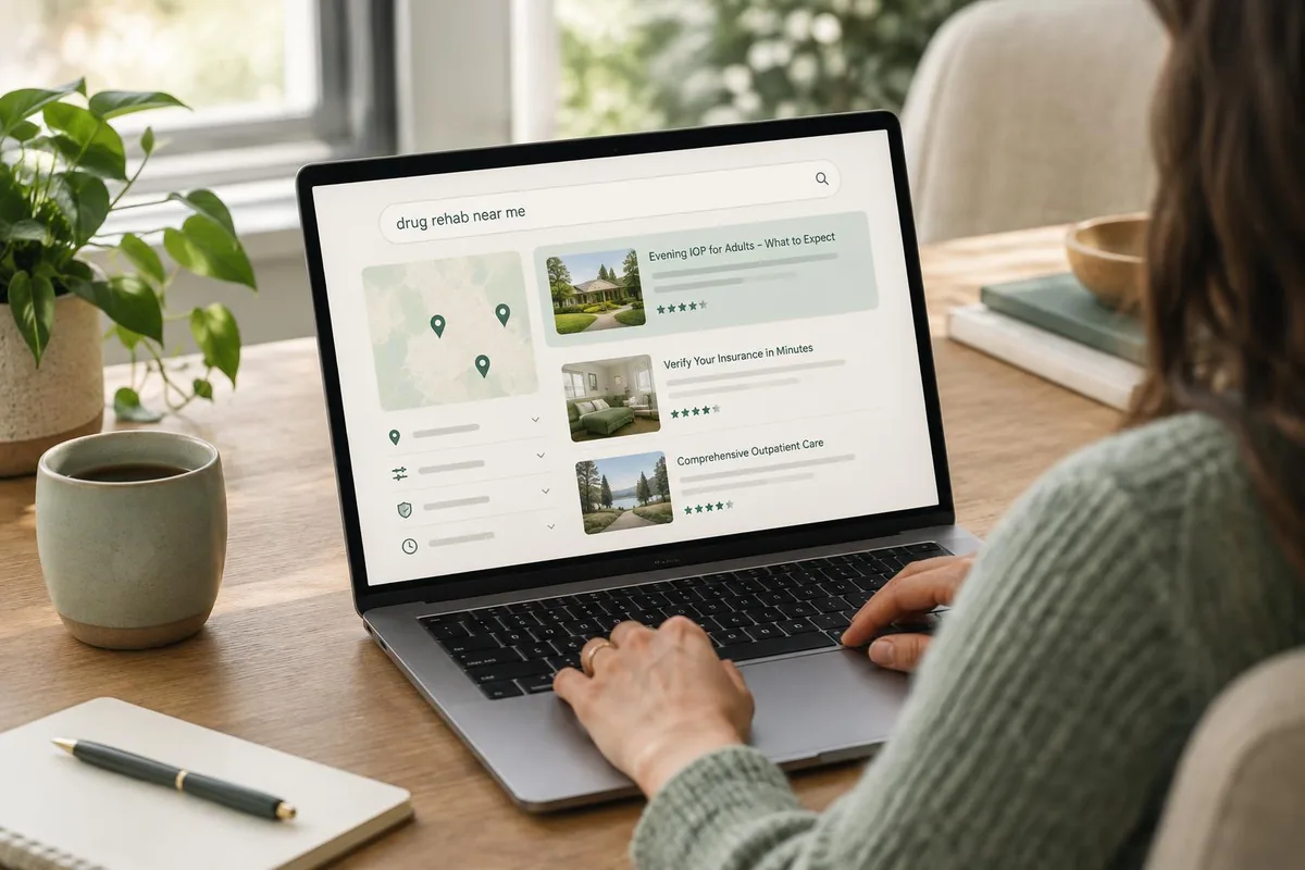 Behavioral health SEO results: a search page listing an Oluna client above the fold