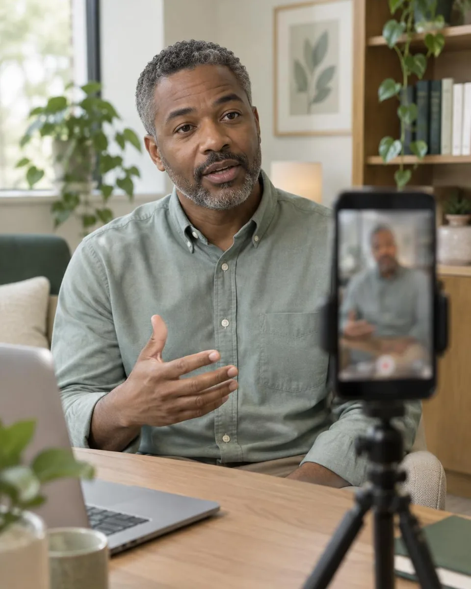 A behavioral health staff member on a headset, the human face social content should show