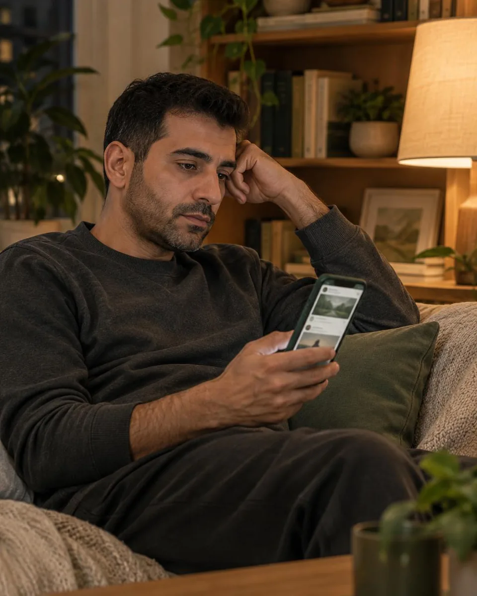 Person scrolling social media on a phone at night, where behavioral health social media marketing builds trust before the call