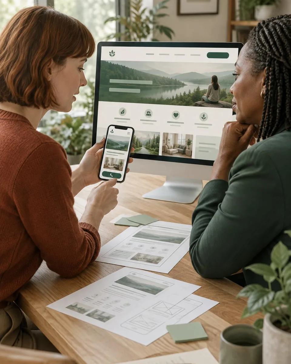 Two program leaders reviewing a new site on a phone and a monitor, the mobile-first build behavioral health website design marketing delivers