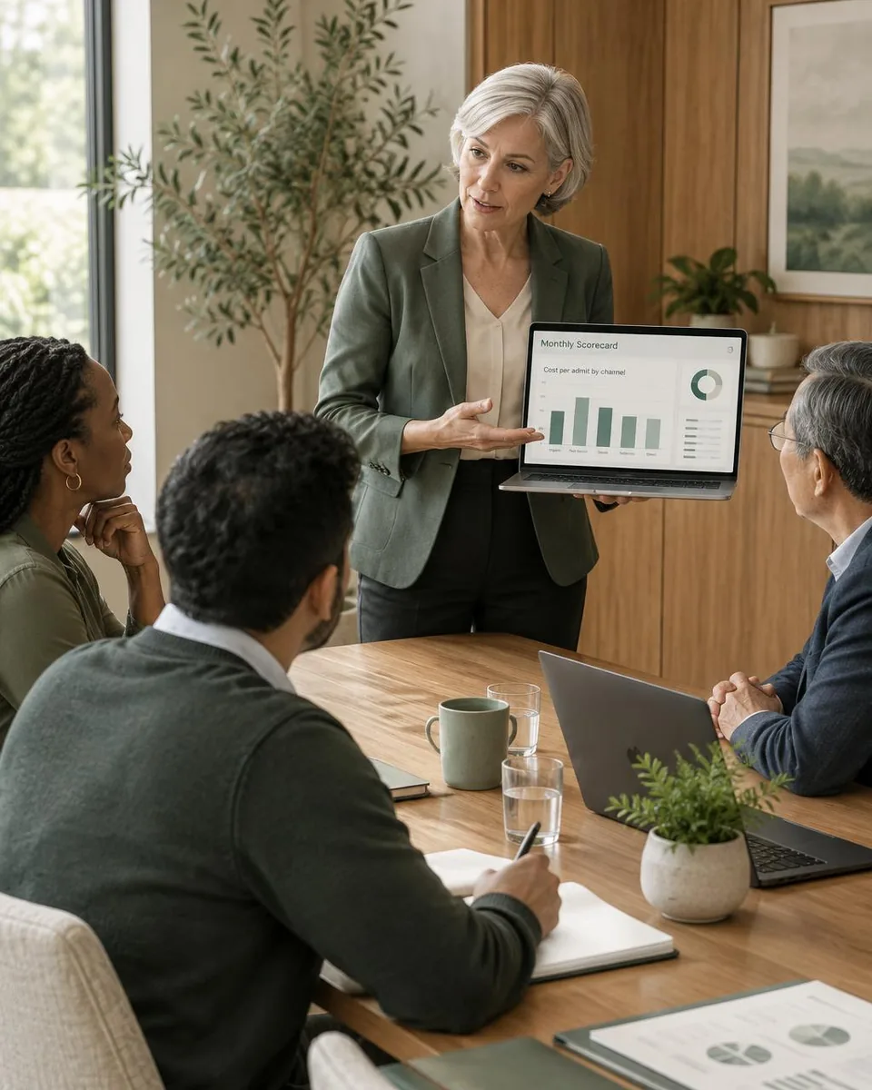 A fractional CMO for behavioral health walking a treatment center’s leadership team through the monthly scorecard