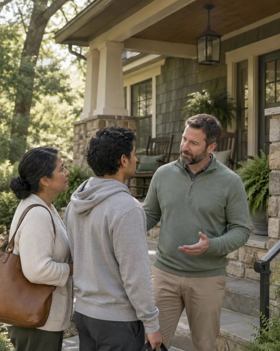 A family meeting an admissions lead at the entrance of a residential treatment center, the moment a rehab marketing agency works toward