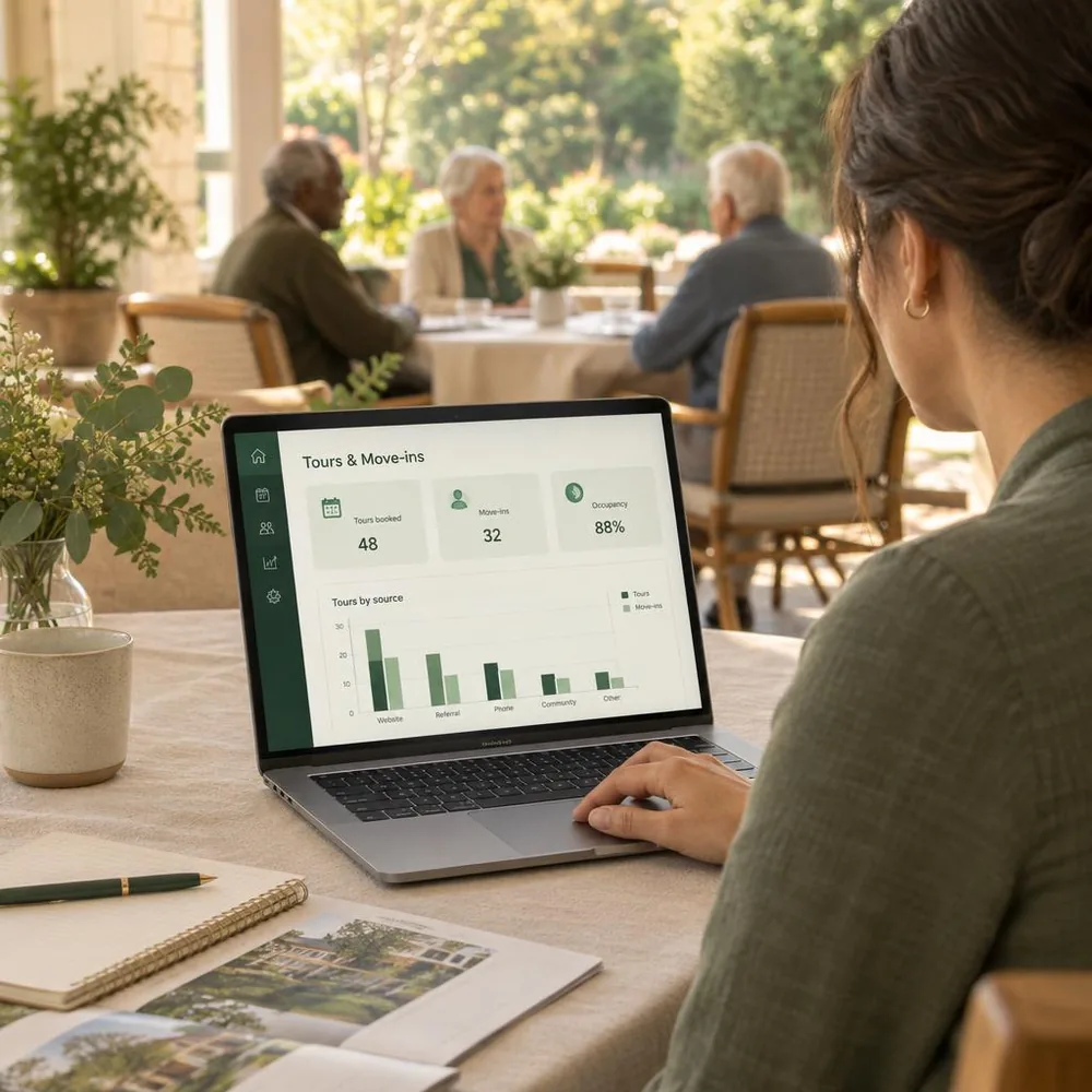 Marketing report flat lay for a senior living community