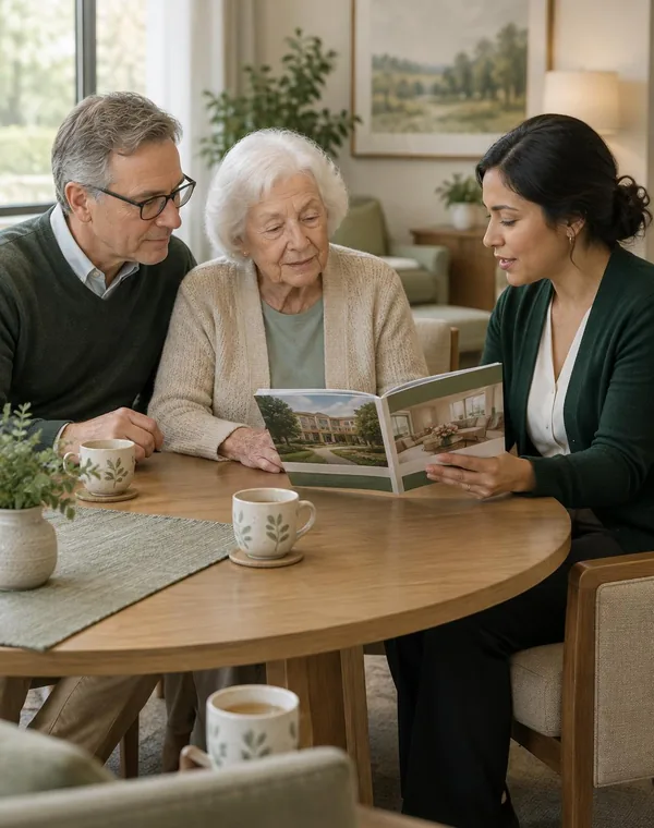 A son and his mother meeting with a senior living community advisor