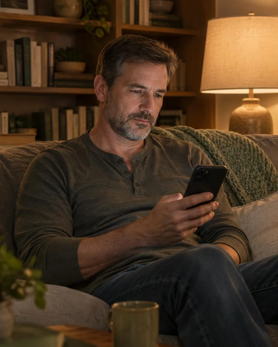 A father sitting on a sofa at night, searching on his phone