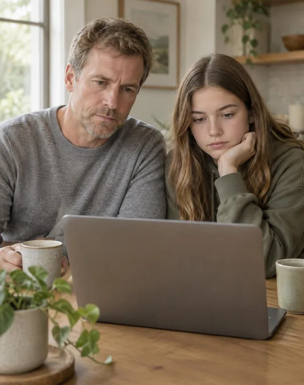 A father and his teenage daughter researching a teen therapy program together